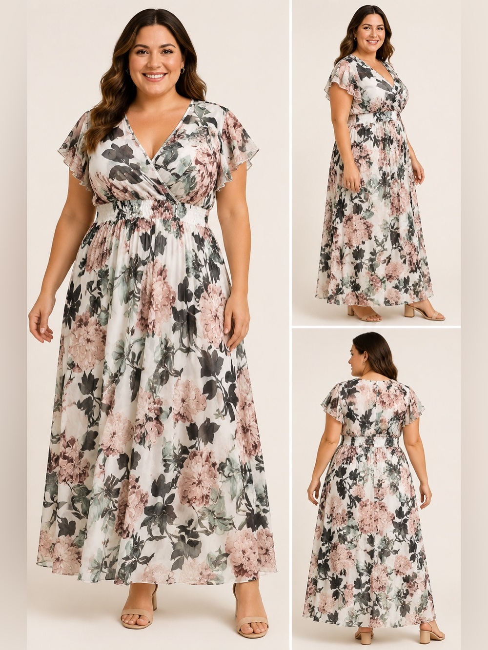 Alexa B Nites Floral Chiffon Maxi Dress Size 14W Wrap V Neck Flutter Sleeve